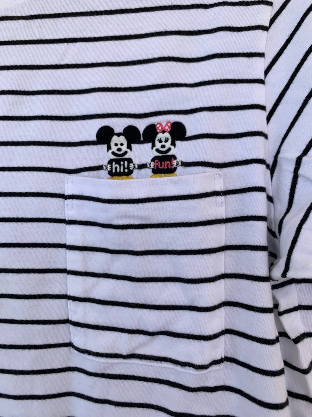Uniqlo White & Black Striped Pocket Tee with Mickey & Minnie Embroidery - Picture 5 of 11